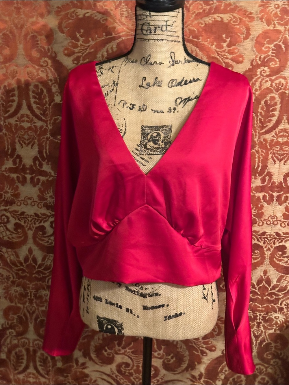 Eloquii Red Satin V-Neck Blouse with Center Seam